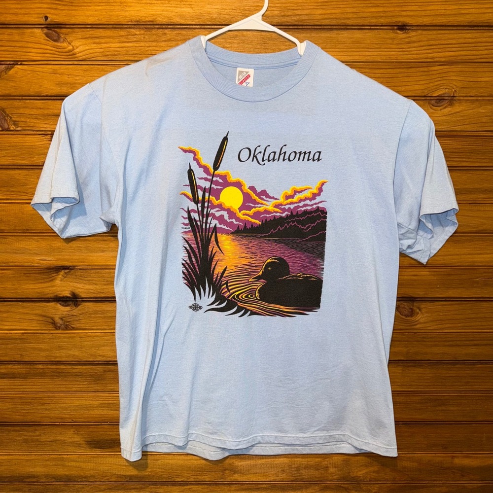 Vintage 90s Jerzees T Shirt Size XL Blue Oklahoma Big Graphic Western USA Made